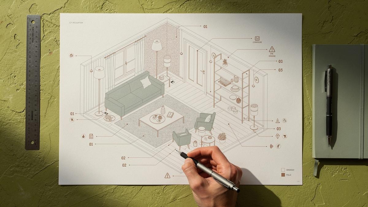 Axonometric room plan showing lighting, furniture placement and finish callouts